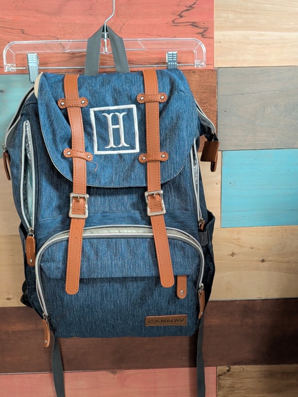Denim-Style Baby Backpack with Tan Trim by